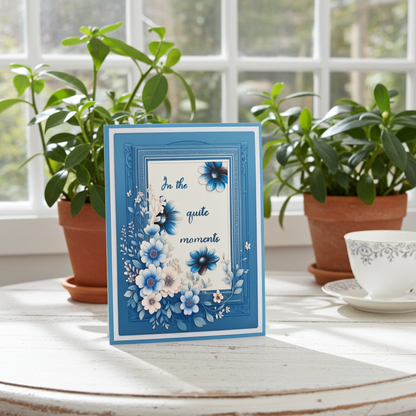 Floral card with blue and white flowers on a wooden table with plants and a teacup in the background.