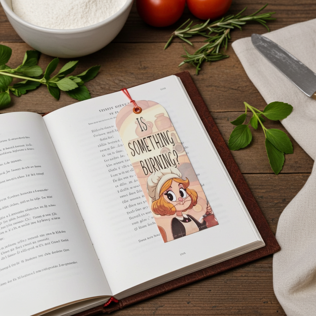 Open book with a cartoon bookmark featuring a character and text, surrounded by kitchen items on a wooden surface.