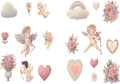 Collection of angelic stickers with flowers, hearts, and rainbows on a transparent background