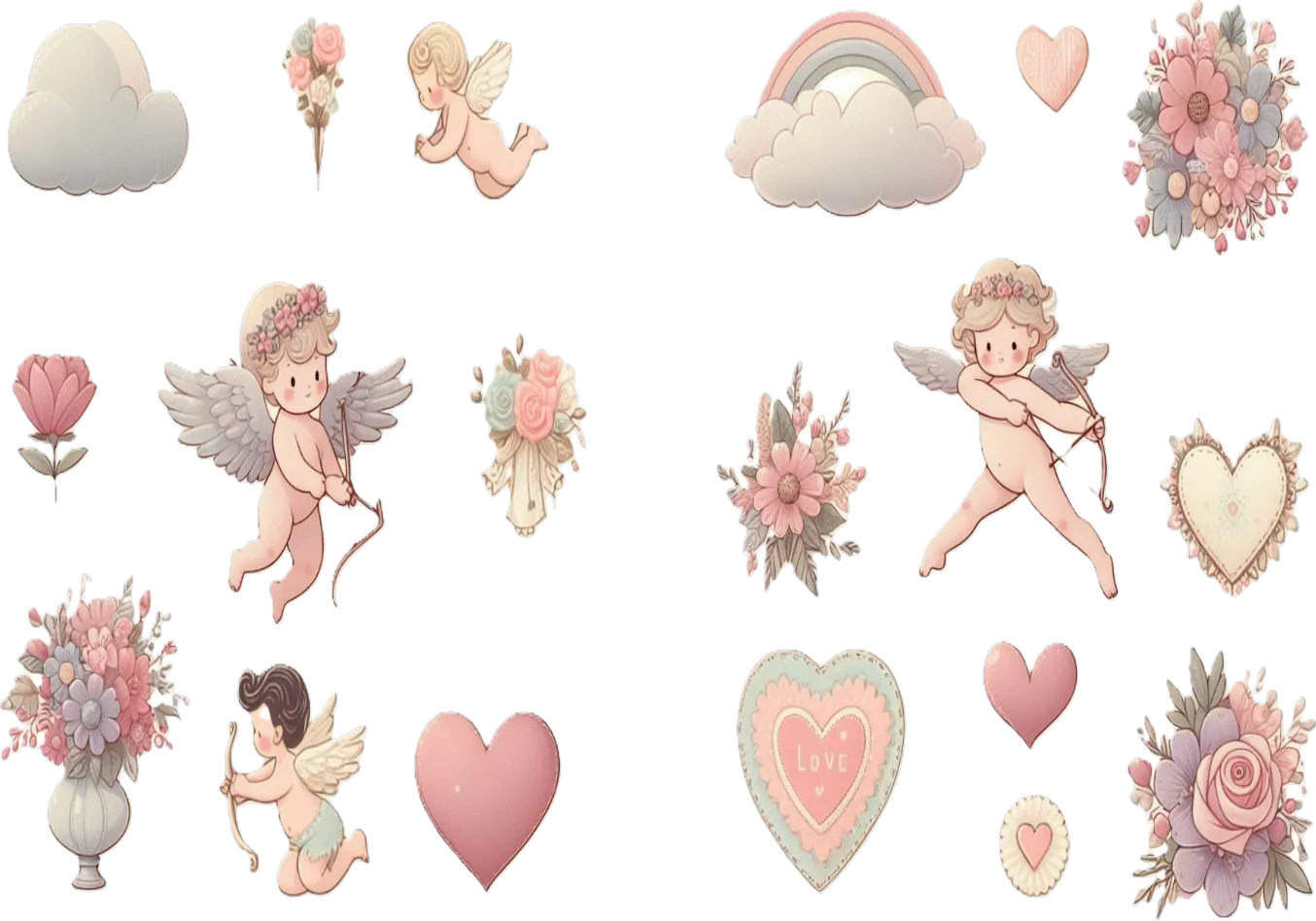 Collection of angelic stickers with flowers, hearts, and rainbows on a transparent background