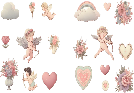 Collection of angelic stickers with flowers, hearts, and rainbows on a transparent background