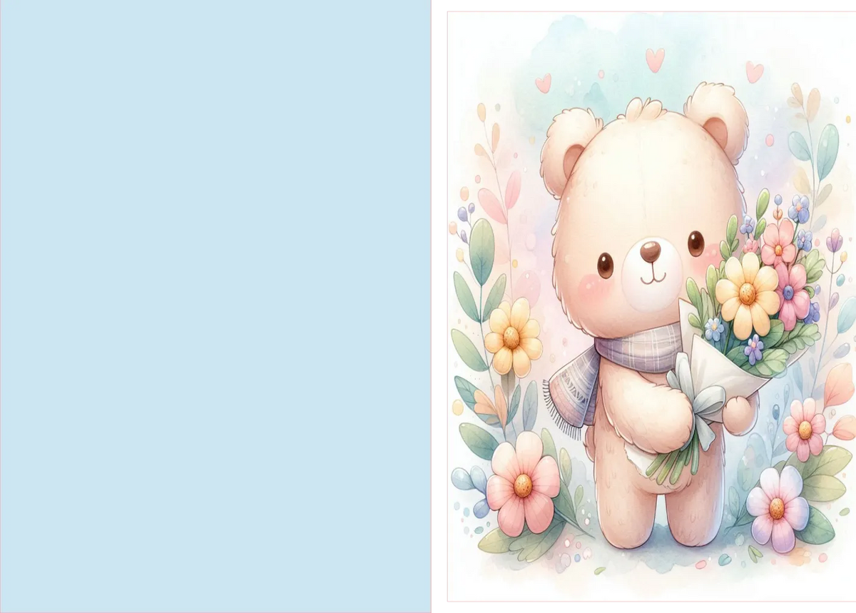 Cartoon bear holding flowers with a light blue background