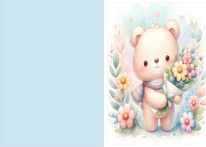 Cartoon bear holding flowers with a light blue background