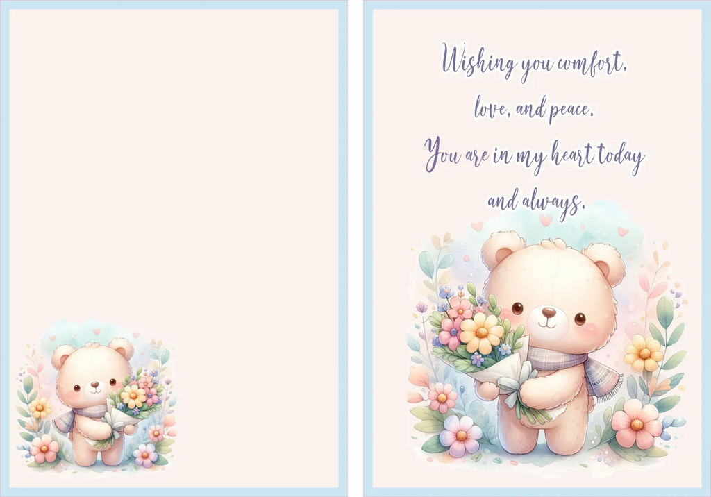Greeting card with a teddy bear and flowers, featuring a message of comfort and peace.