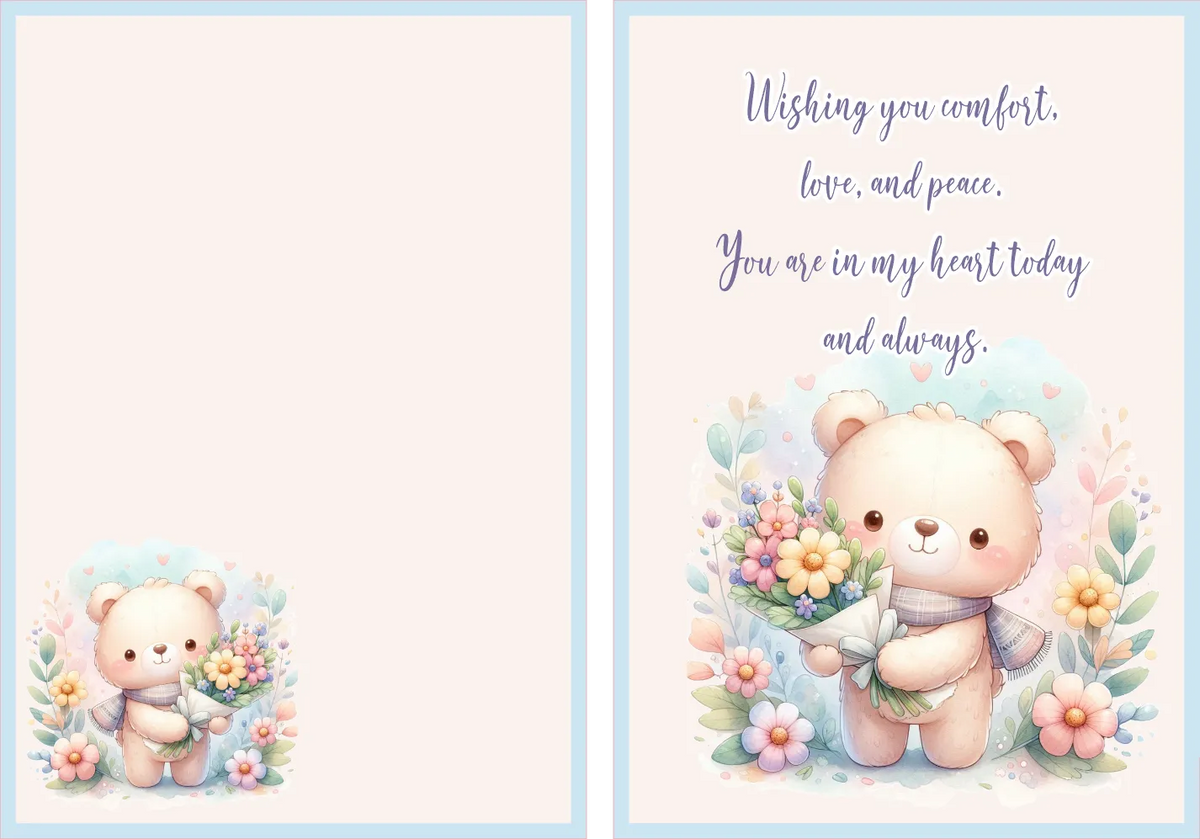 Greeting card with a teddy bear and flowers, featuring a message of comfort and peace.