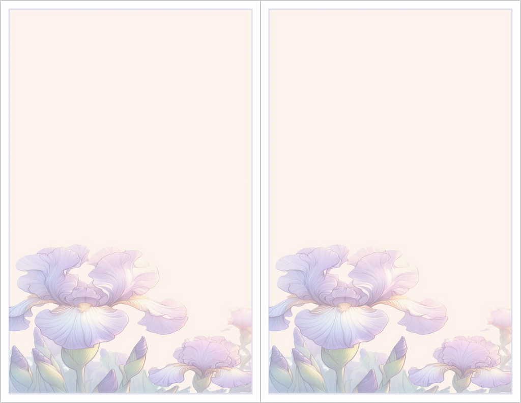 Two panels of a floral design with soft purple flowers on a light pink background.