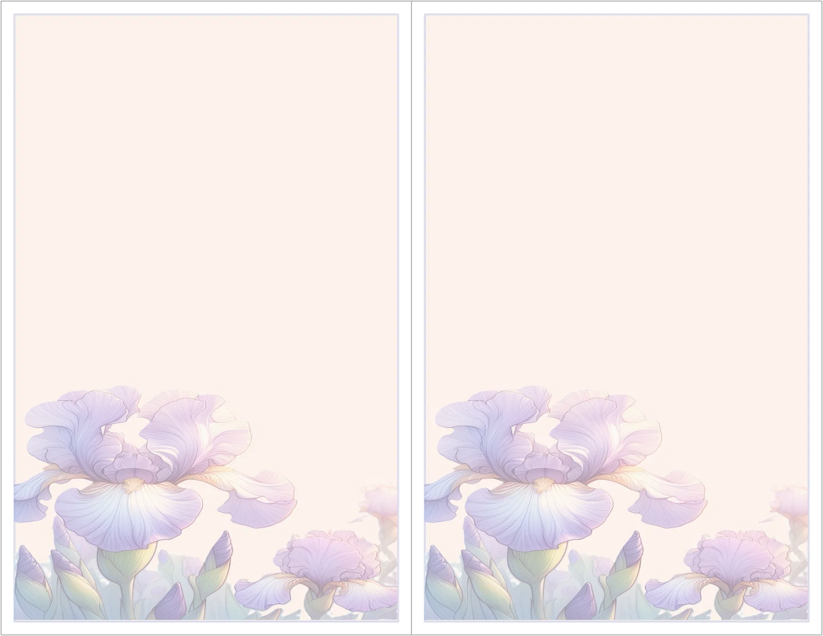 Two panels of a floral design with soft purple flowers on a light pink background.