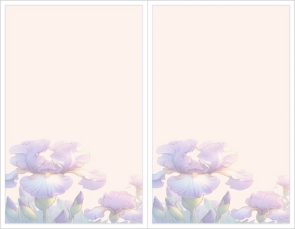 Two panels of a floral design with soft purple flowers on a light pink background.