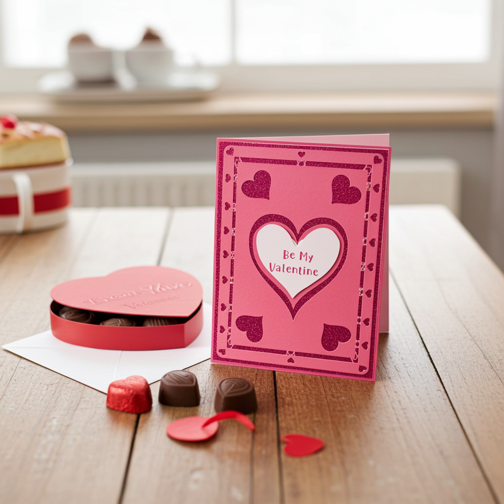 Valentine's Day card with heart design and small chocolates on a wooden table.