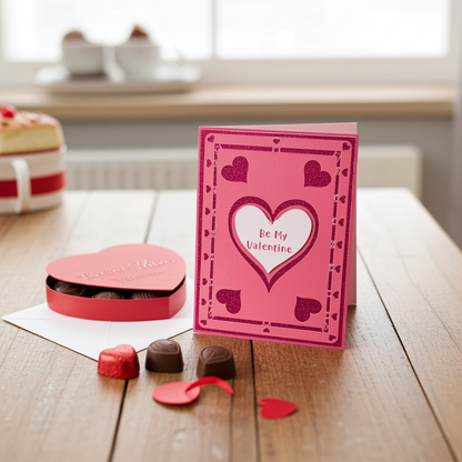 Valentine's Day card with heart design and small chocolates on a wooden table.