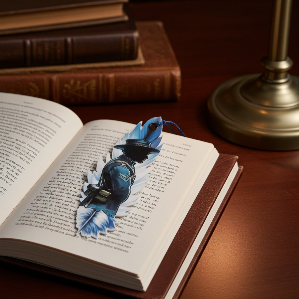 Open book with a decorative blue bookmark on a wooden surface with books and a lamp in the background.