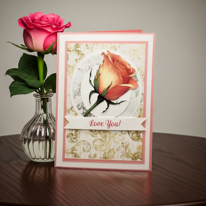 Greeting card with a rose design and 'Love You!' text, next to a pink rose in a vase on a wooden surface.