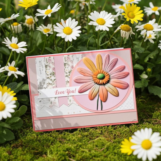 Greeting card with a colorful flower design and 'Love You!' message, surrounded by daisies.