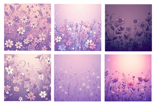 Set of six floral patterns in purple and pink on a white background