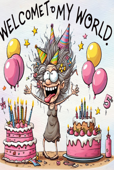 Cartoon character with birthday cake and balloons celebrating a 5th birthday, text 'Welcome to my world'.