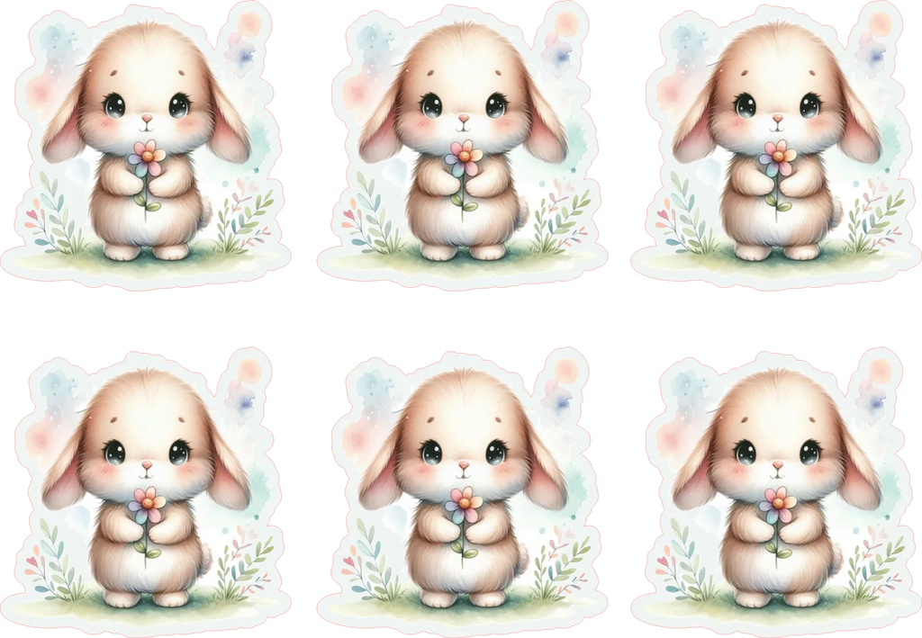 Set of six cute cartoon bunnies with pink ears and a flower in their hands on a white background.