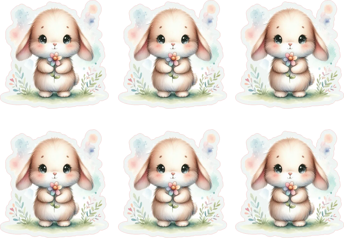 Set of six cute cartoon bunnies with pink ears and a flower in their hands on a white background.
