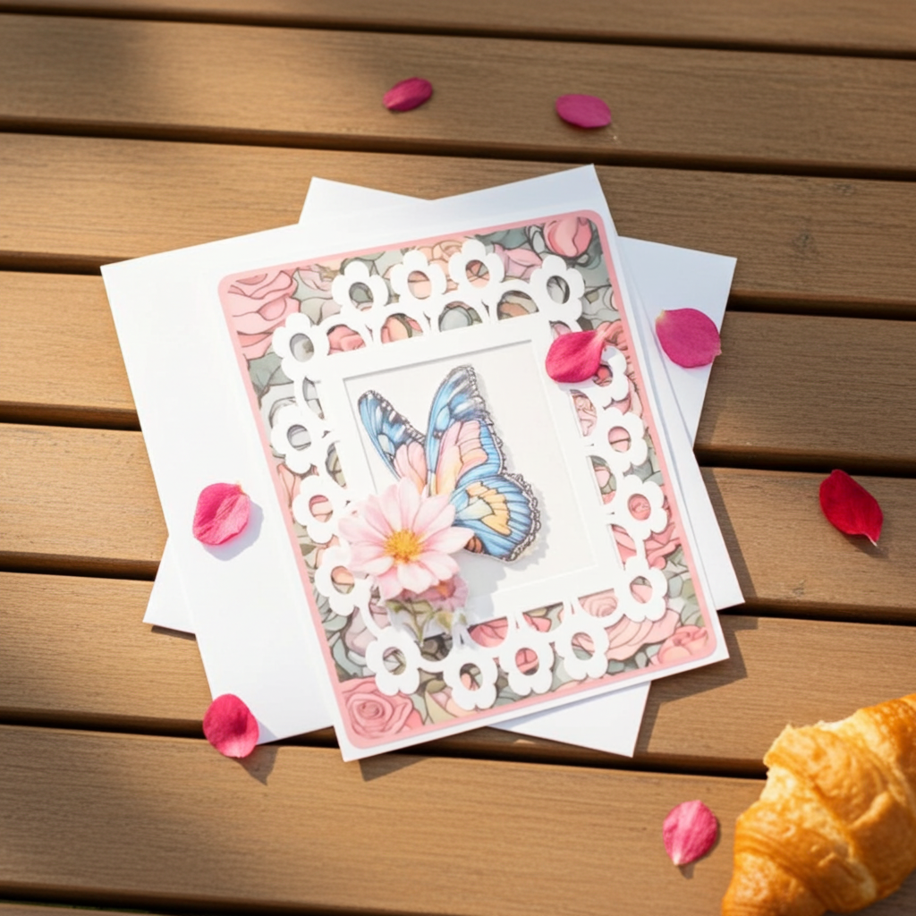 Greeting card with butterfly design on a wooden surface with croissant and rose petals