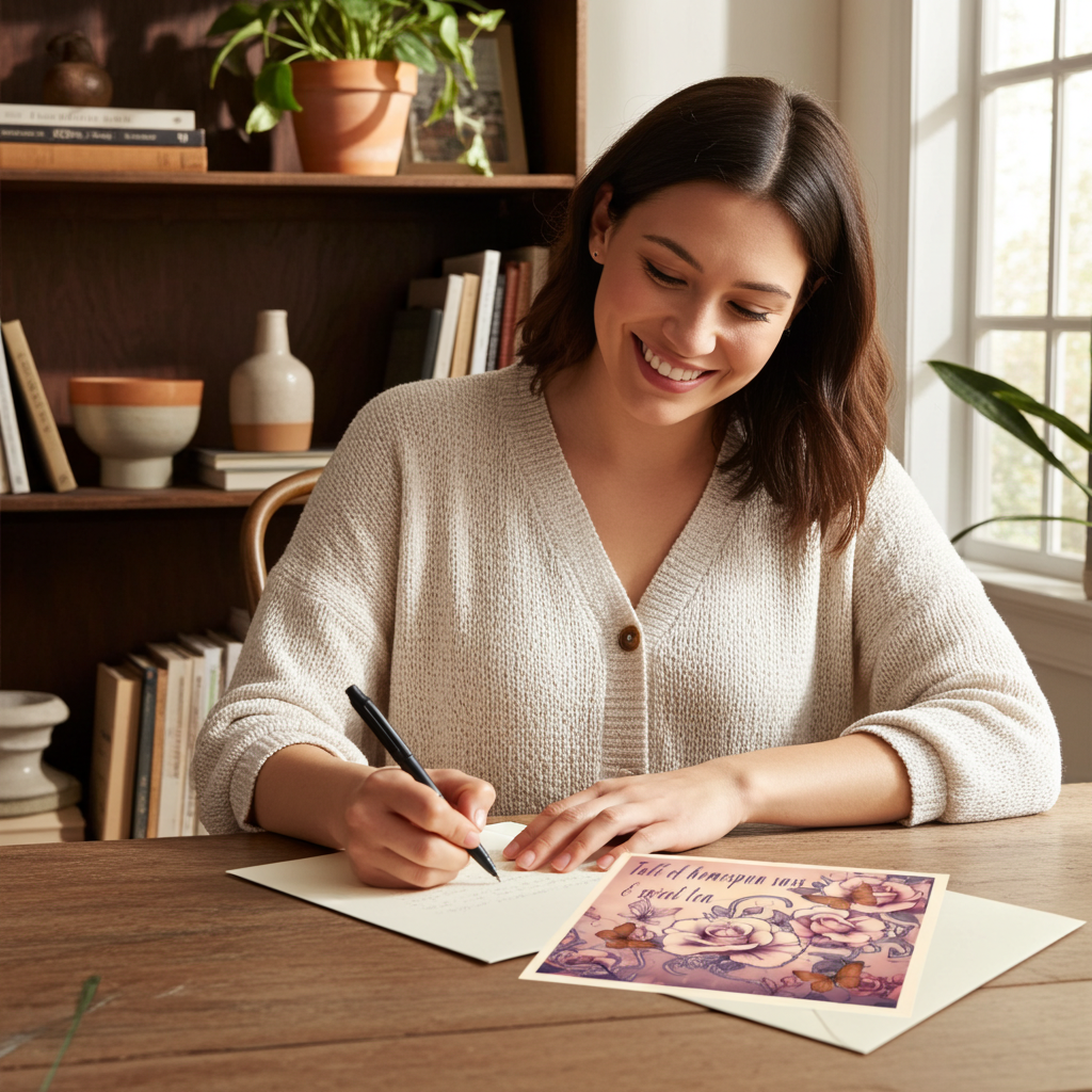 Woman writing a letter at a desk with a card and pen, surrounded by books and plants.