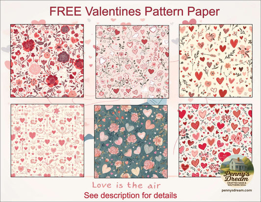 Free Valentine's pattern paper with various heart and floral designs on a white background.