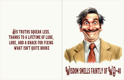 Cartoon character with a humorous quote about WD-40 on a white background
