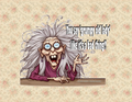 Cartoon elderly woman with a humorous expression and text on a floral background