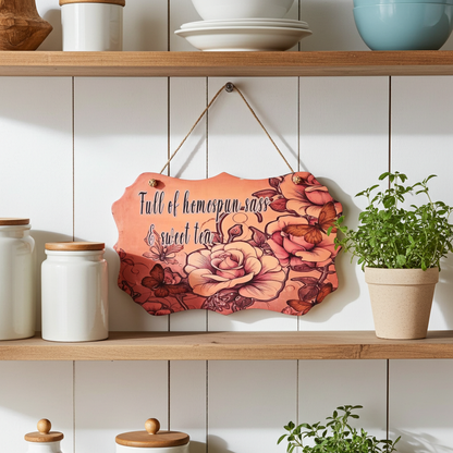 Decorative sign with floral design and text hanging on a wooden shelf with plants and jars.