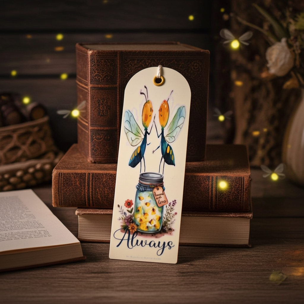 Decorative bookmark with fairy design and 'Always' text on a wooden surface with books and fairy lights in the background.