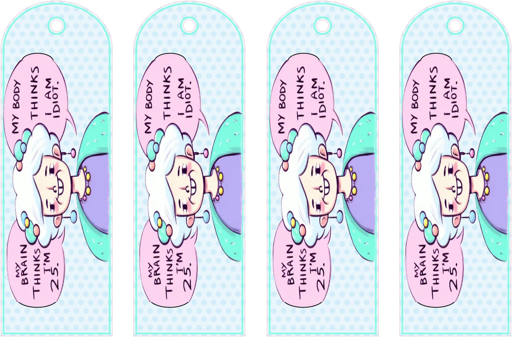 Four identical colorful bookmarks with cartoon character and text on a light blue background