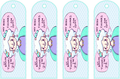 Four identical colorful bookmarks with cartoon character and text on a light blue background