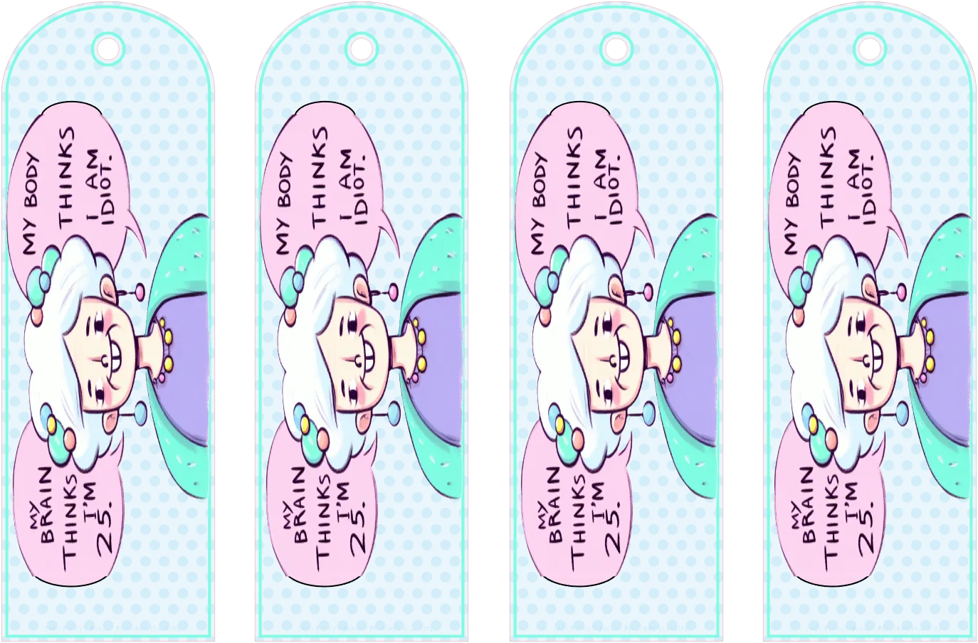 Four identical colorful bookmarks with cartoon character and text on a light blue background