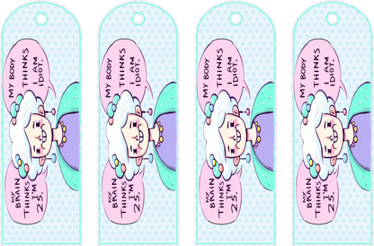 Four identical colorful bookmarks with cartoon character and text on a light blue background