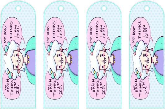 Four identical colorful bookmarks with cartoon character and text on a light blue background