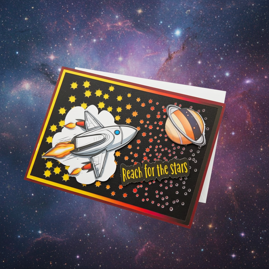 Card with space-themed design featuring a spaceship and planet, set against a starry space background.