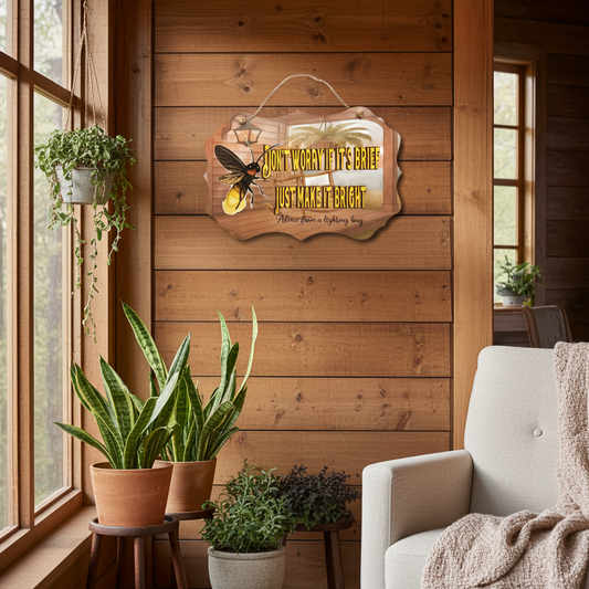 Living room with plants, a chair, and a motivational sign on a wooden wall.