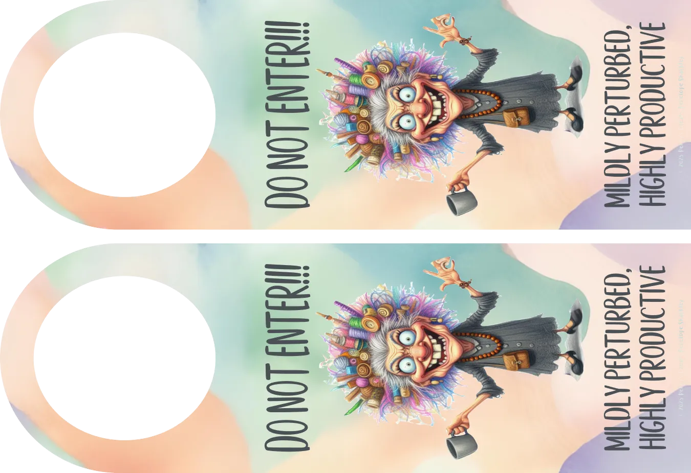 Decorative door hanger with cartoon character and text 'DO NOT ENTER!!!' on a pastel background.
