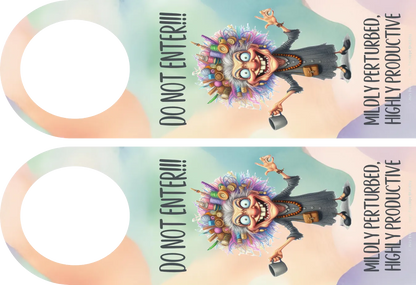 Decorative door hanger with cartoon character and text 'DO NOT ENTER!!!' on a pastel background.