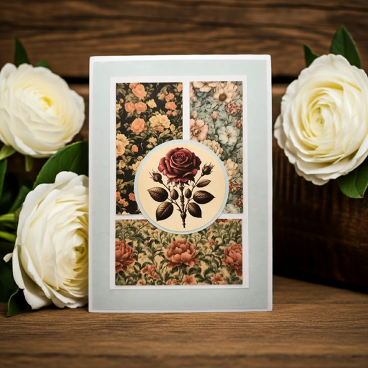 Decorative card with floral design and rose illustration, surrounded by white roses on a wooden surface.
