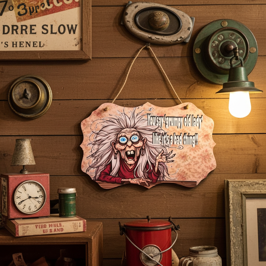 Decorative wall sign with a cartoon character on a wooden wall with vintage decor.
