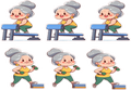 Cartoon illustration of an elderly woman exercising with dumbbells and a bench.