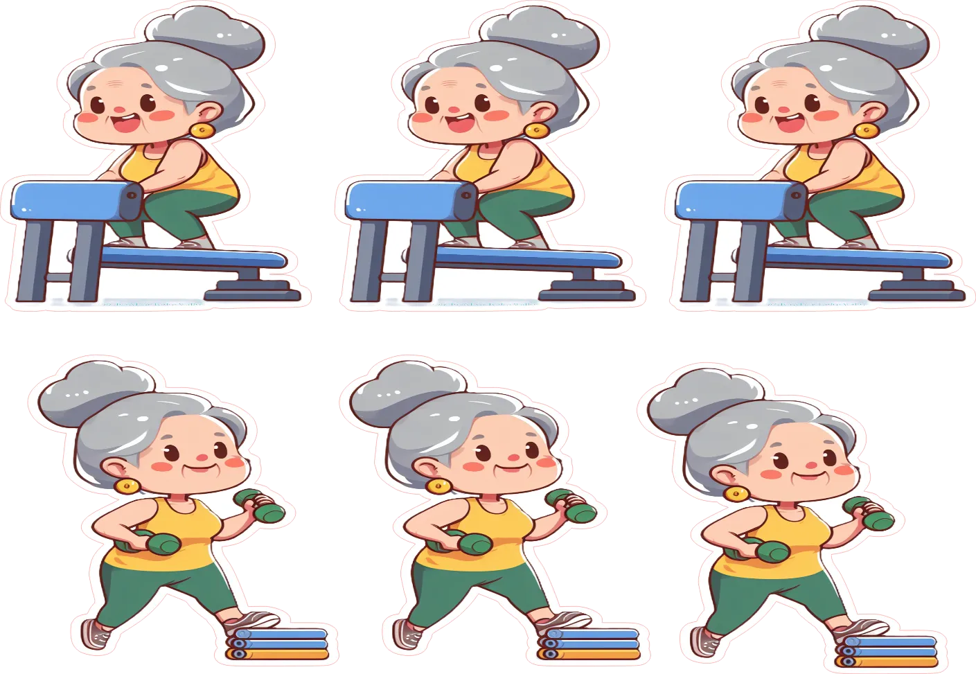 Cartoon illustration of an elderly woman exercising with dumbbells and a bench.