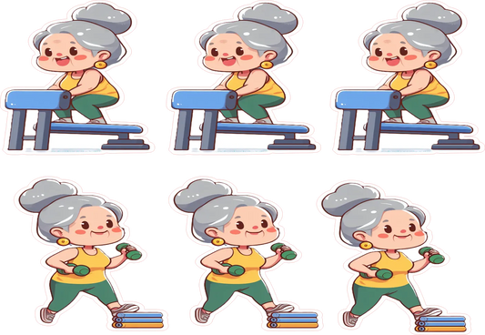 Cartoon illustration of an elderly woman exercising with dumbbells and a bench.