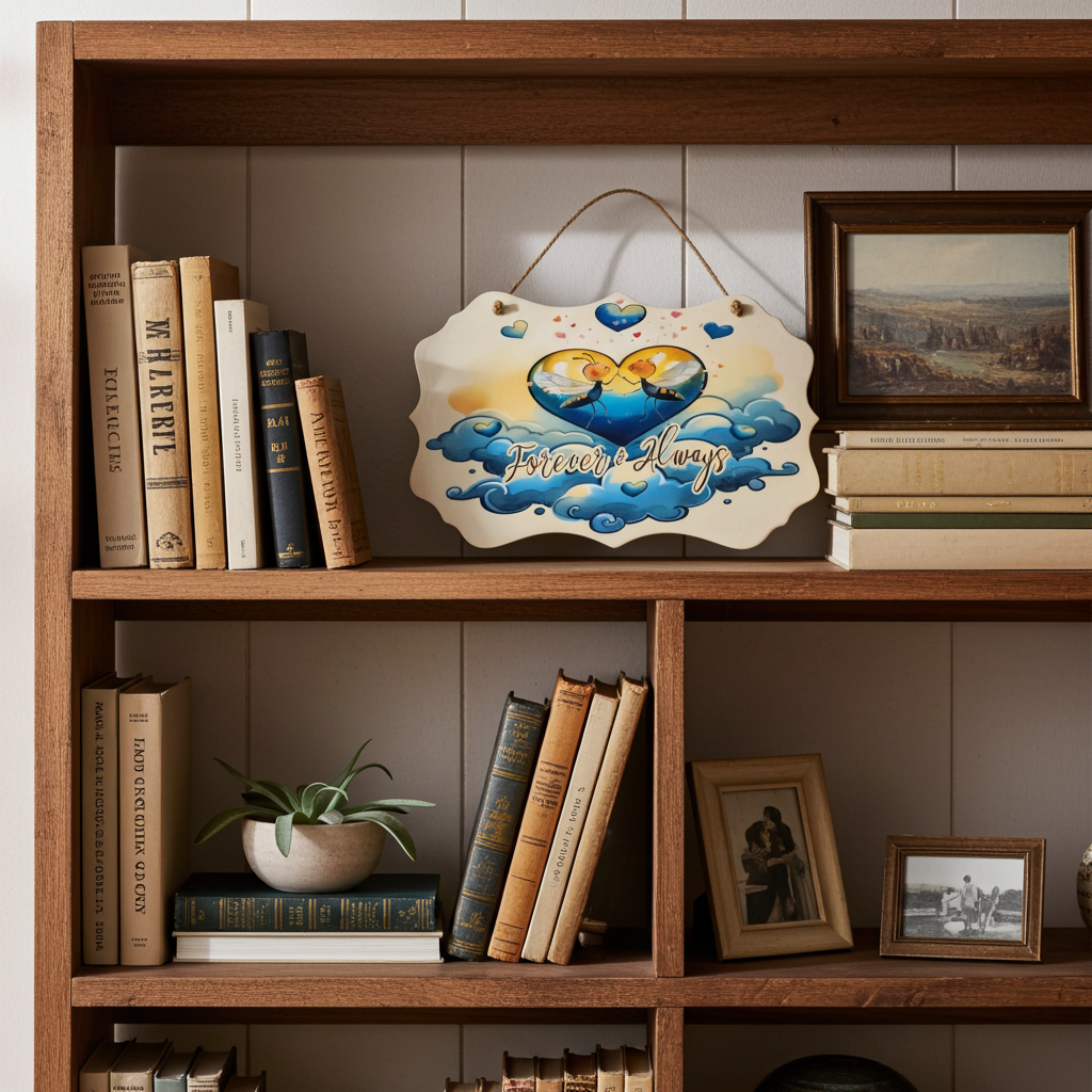 Wooden bookshelf with books, a decorative plaque, and framed pictures.
