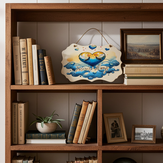 Wooden bookshelf with books, a decorative plaque, and framed pictures.